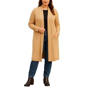 Lands’ End Women’s 1X Ribbed Cardigan Sweater Camel Tan Cotton Wool Blend